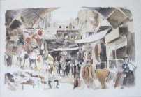 Aquarela de uma rua de mercado árabe, com toldos claros, bancas e figuras em movimento